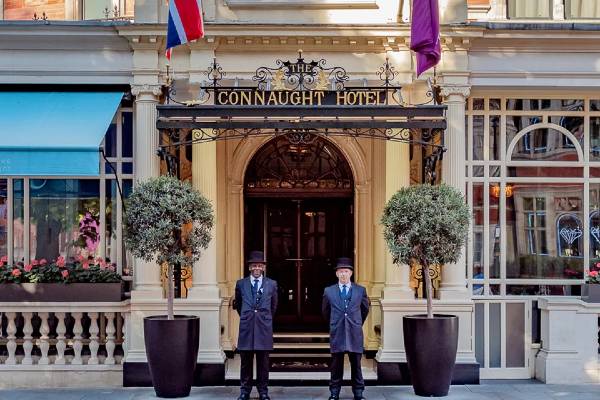 Connaught Hotel UK from the outside with two professional looking doormen